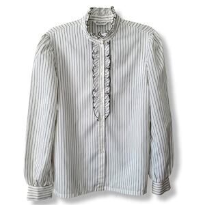 VTG 80s Ruffle High Neck White Black Pinstripe Blouse Shirt L Victorian Vampire